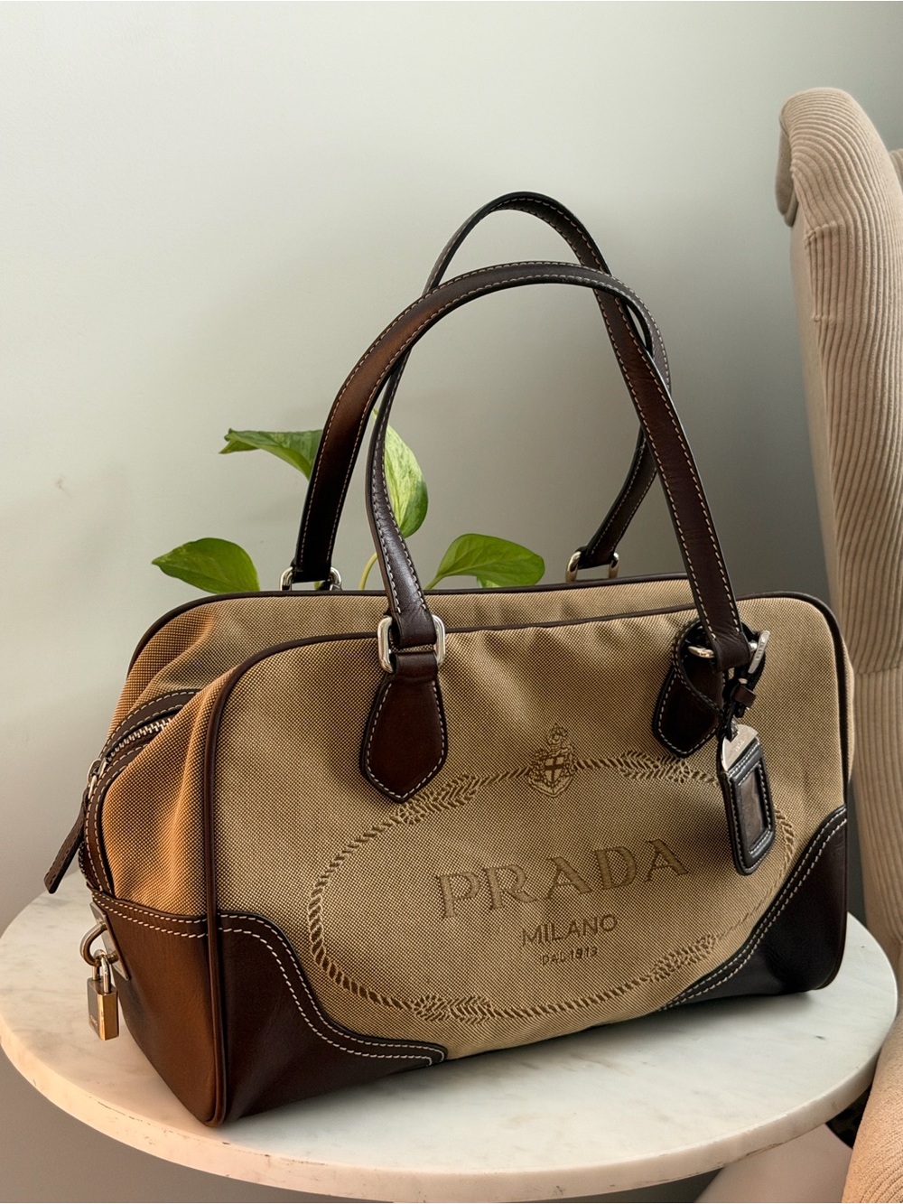 Prada Beige Canvas with Dark Brown Leather Trim Satchel